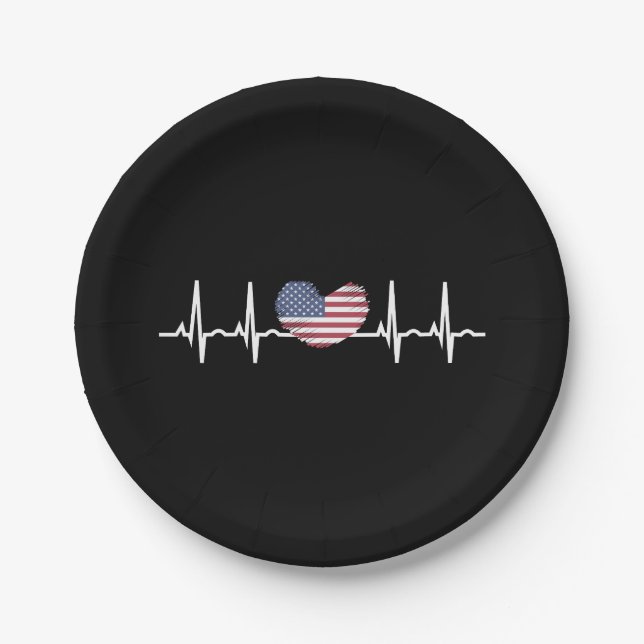 US Flag Heartbeat ECG Electrocardiography Paper Plate (Front)