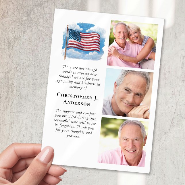US Flag Military 3 Photo Sympathy Funeral Thank You Card (Creator Uploaded)