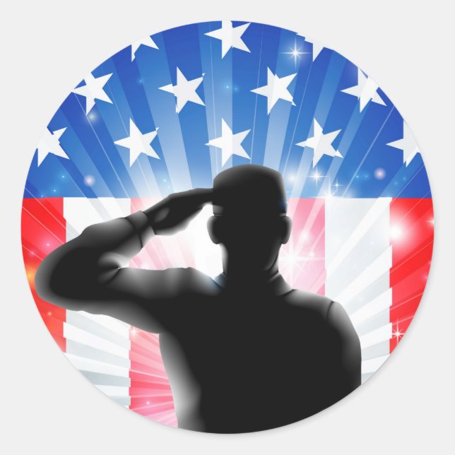 US flag military soldier saluting in silhouette Classic Round Sticker (Front)