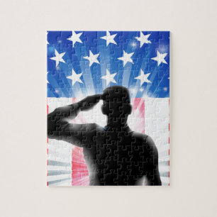 US flag military soldier saluting in silhouette Jigsaw Puzzle
