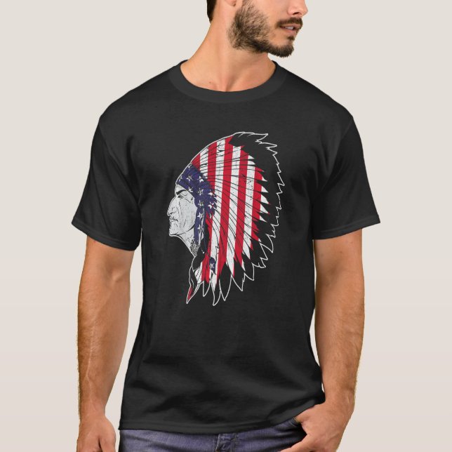 US Flag Native American Chief Traditional Indian T-Shirt (Front)