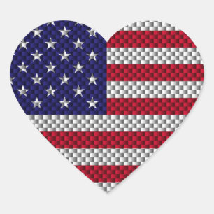 US Flag on Carbon Fibre Like Print Heart Sticker