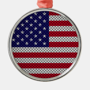 US Flag on Carbon Fibre Like Print Metal Ornament