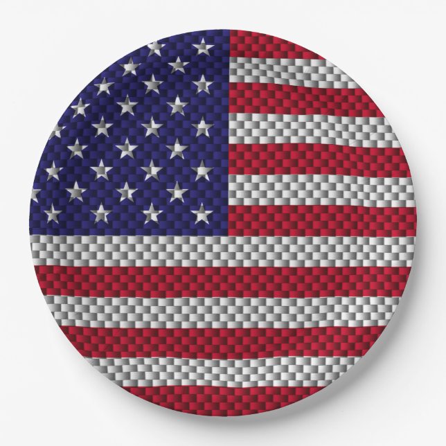 US Flag on Carbon Fibre Style Decor Print Paper Plate (Front)