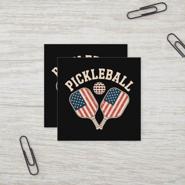 US Flag Pickleball Player Square Business Card (Front/Back In Situ)