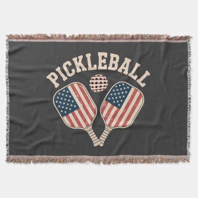 US Flag Pickleball Player Throw Blanket (Front)