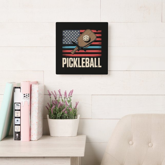 US Flag Pickleball Square Wall Clock (Reading Room)