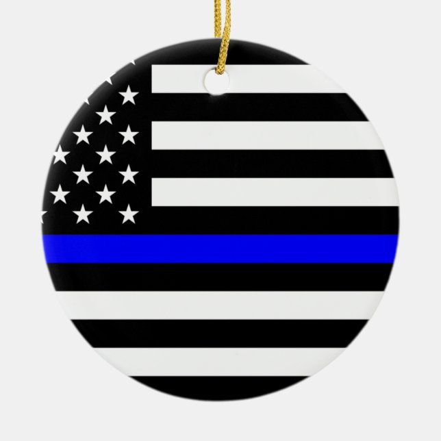 - US Flag Police Thin Blue Line Ceramic Tree Decoration (Front)