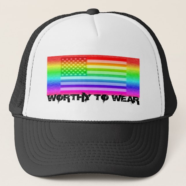 US Flag Rainbow - Worthy To Wear Trucker Hat (Front)
