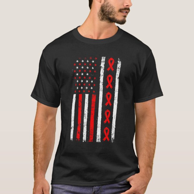 US Flag Red Ribbon Awareness Patriotic American T-Shirt (Front)