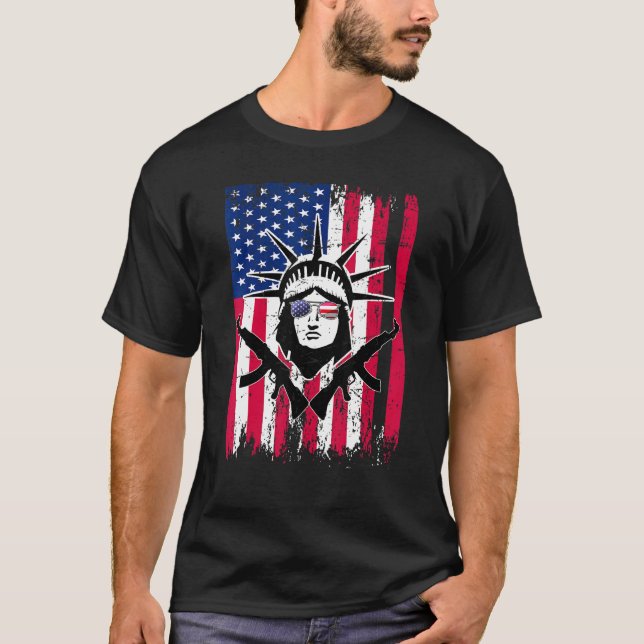 Us Flag Statue Of Liberty Patriotic Sunglasses Gun T-Shirt (Front)