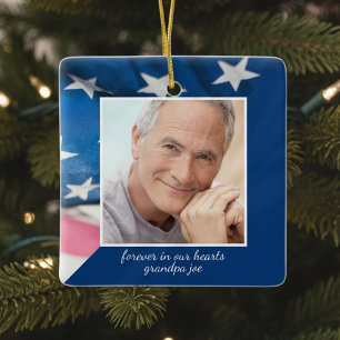US Flag Veteran Patriotic Memorial Photo Ceramic Ornament