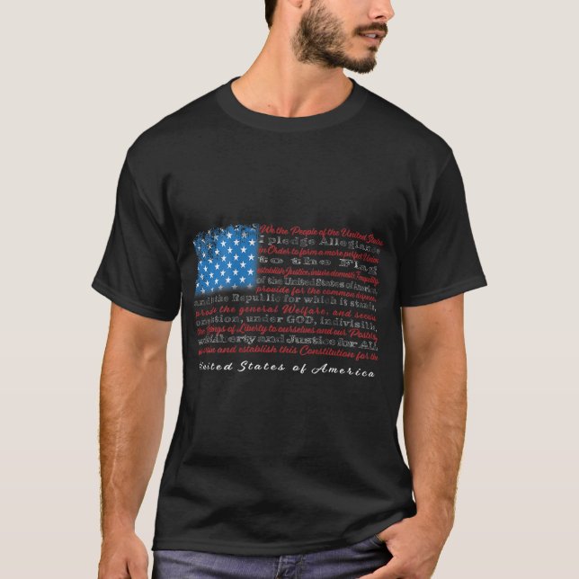 US Flag with Constitution Preamble and Pledge of A T-Shirt (Front)