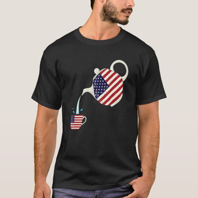 Us Flag With Teapot & Teacup T-Shirt (Front)