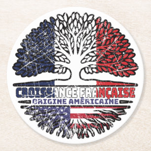 US French France America Tree Roots Flag Round Paper Coaster