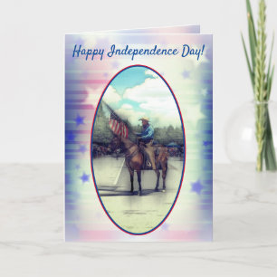 US Independence Day Mounted Cowboy With Flag Card