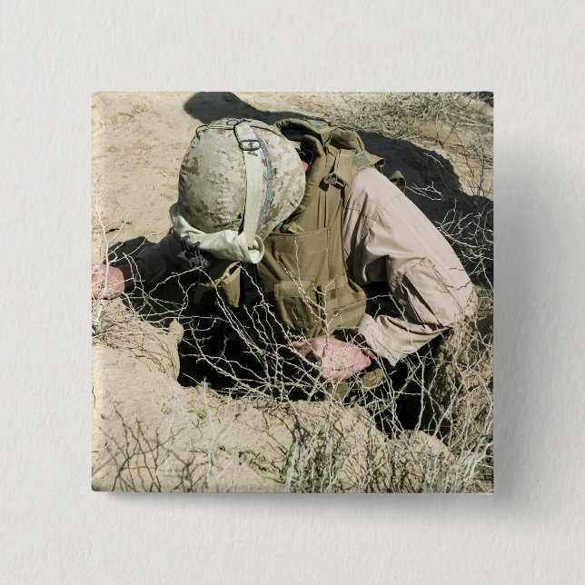 US Marine jumps down a hole 15 Cm Square Badge (Front)