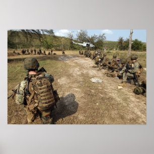 US Marines provide security as a UH-1N Poster
