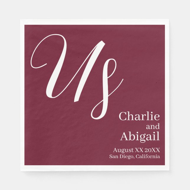 US Modern Romantic Wedding on Burgundy Napkin (Front)