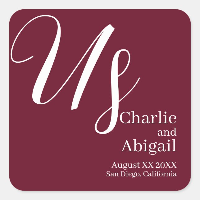 US Modern Romantic Wedding on Burgundy Square Sticker (Front)