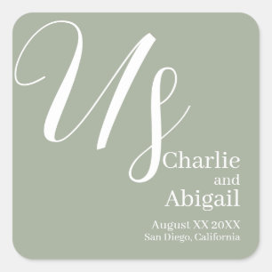 US Modern Romantic Wedding on Sage Green Square Sticker