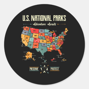 Us National Parks Map Preserve Protect Hiking Camp Classic Round Sticker
