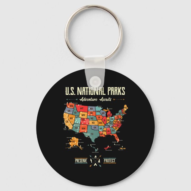 Us National Parks Map Preserve Protect Hiking Camp Key Ring (Front)