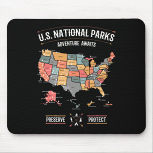 Us National Parks Map Preserve Protect Hiking Camp Mouse Pad