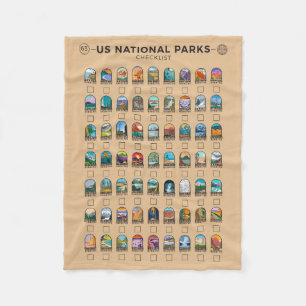 US National Parks of America Checklist Vintage Fleece Blanket
