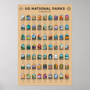 US National Parks of America Checklist Vintage Poster