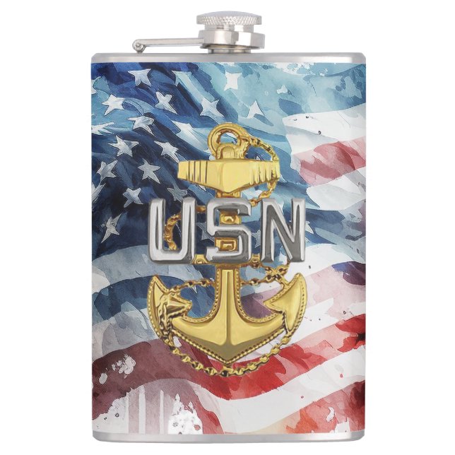 US Navy Chief Flask, E7 Pinning Gift Hip Flask (Front)