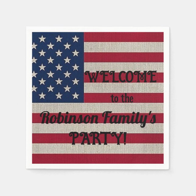 US Patriotic American Flag Linen Calligraphy Text Napkin (Front)