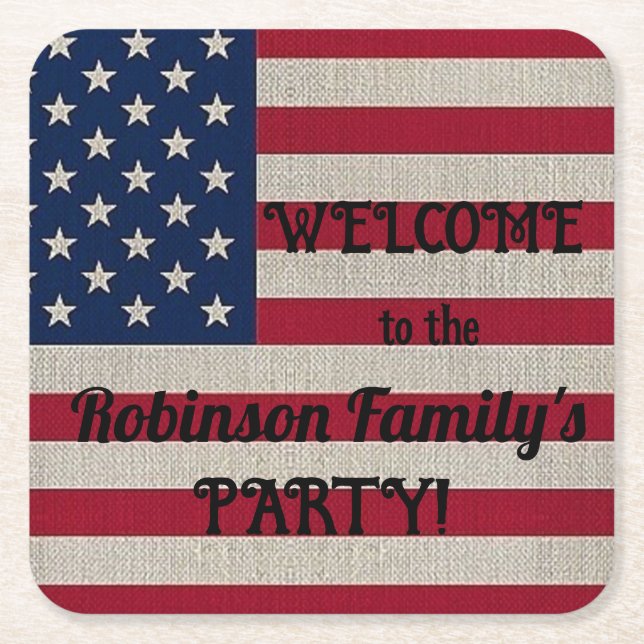 US Patriotic American Flag Linen Calligraphy Text Square Paper Coaster (Front)