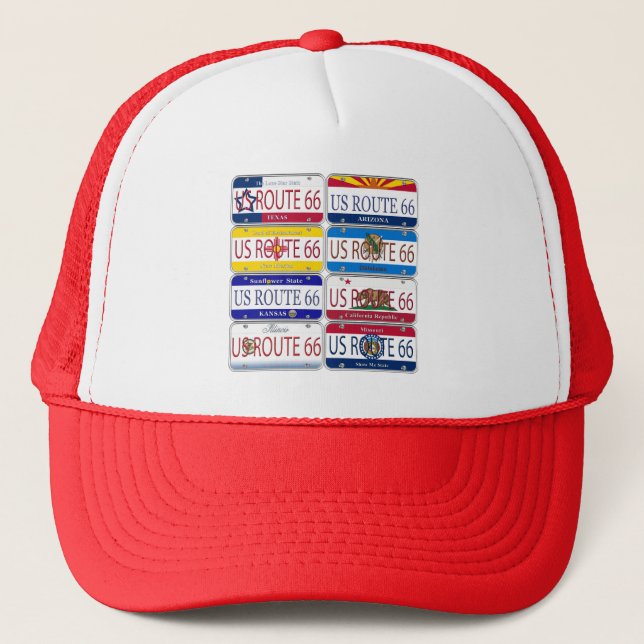 US ROUTE 66 All 8 States Vanity Plates Trucker Hat (Front)