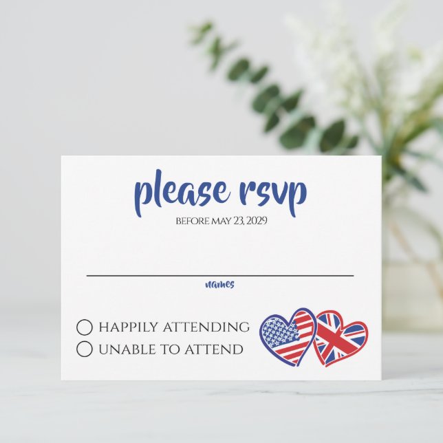 US UK Heart Flags RSVP Card (Standing Front)