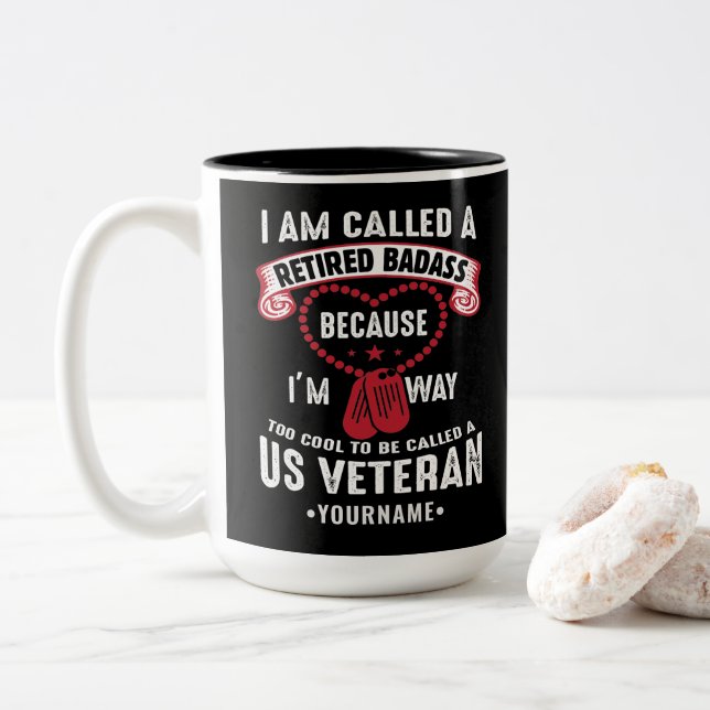 US Veteran Humor Retired Soldier Two-Tone Coffee Mug (With Donut)
