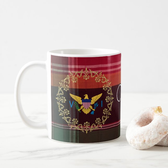 US Virgin Islands Flag Madras USVI Monogram Coffee Mug (With Donut)