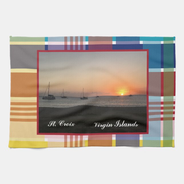 US Virgin Islands Sunset St. Croix USVI Madras Tea Towel (Horizontal)