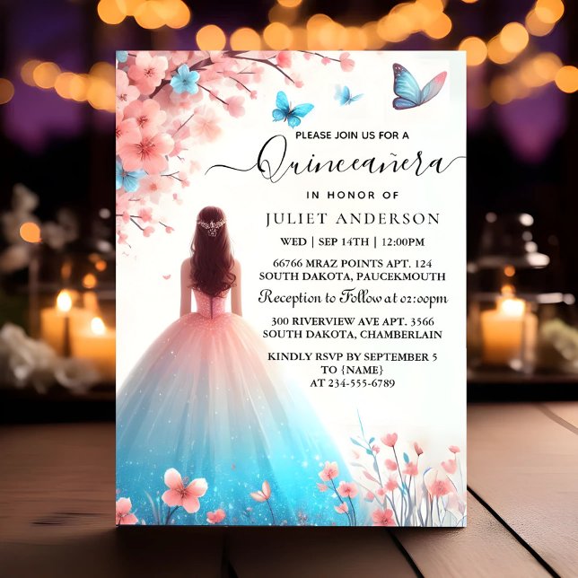 Us Wood Tree Pink Girly Cherry Blossom Quinceanera Invitation (Creator Uploaded)