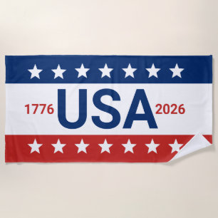 USA 1776 2026 250th Anniversary Red White Blue Beach Towel