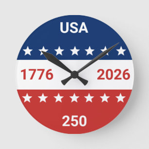 USA 1776 2026 250th Anniversary Red White Blue Round Clock