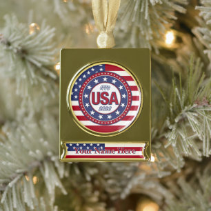 USA 1776 - 2026 With USA Flag Gold Plated Banner Ornament