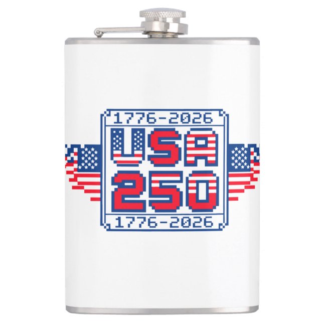 USA 250 – 1776 to 2026 Pixel Art Hip Flask (Front)