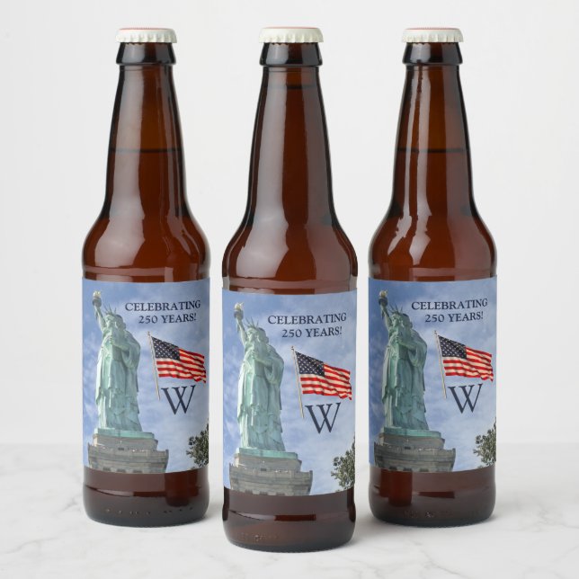 USA 250 American Flag Statue of Liberty Monogram  Beer Bottle Label (Bottles)