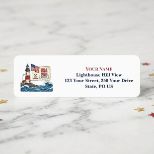 USA 250 Anniversary Lighthouse Coastal Waves Decor Return Address Label