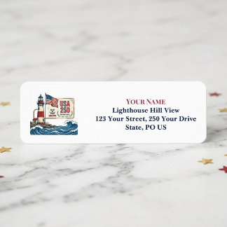 USA 250 Anniversary Lighthouse Coastal Waves Decor Return Address Label