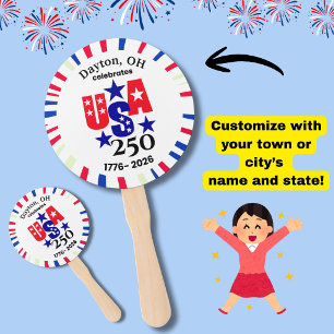 USA 250 Custom Town State Patriotic Red White Blue Hand Fan