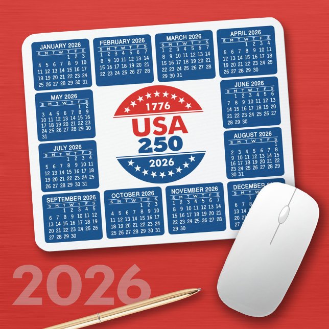 USA 250 with 2026 Calendar - Red White Blue Mouse Pad (2026 Calendar on a Mousepad)