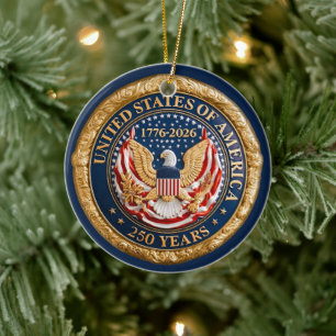 USA 250 Years 1776-2026 American Flag Eagle Ceramic Ornament