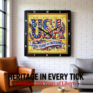USA 250 Years Freedom Anniversary Square Wall Clock